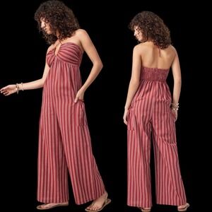 CIDER Red White Stripe Halter Wide Leg Linen Blend Jumpsuit NEW 3X #558